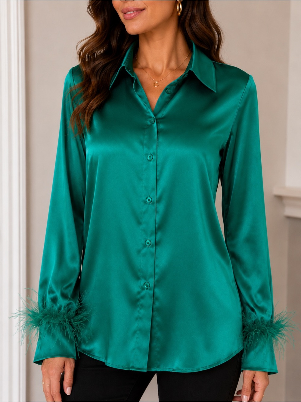 L.I.F.E. NWT Emerald Green Satin Feather Cuff Blouse